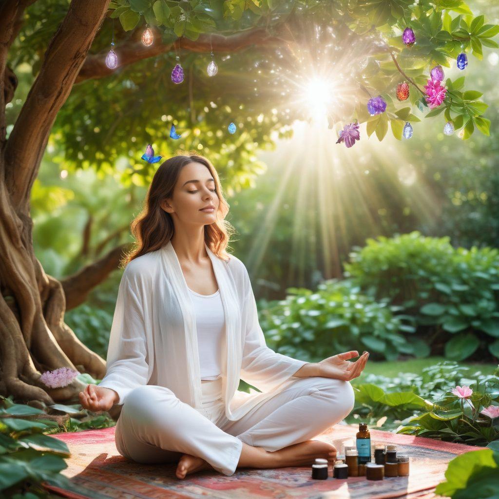 A serene woman meditating under a lush green tree, surrounded by various holistic health tools such as essential oils, crystals, and herbal teas. Bright sunlight filters through the leaves, creating a warm and inviting atmosphere, with a faint aura of energy around her. Include symbols of empowerment like butterflies and lotus flowers in the background. super-realistic. vibrant colors. peaceful vibe.