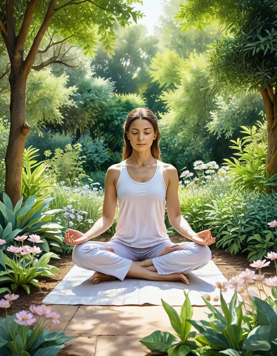 A serene scene depicting a person meditating in a lush garden with blooming flowers, surrounded by soft sunlight filtering through the leaves. In the background, symbols of personal growth like books and yoga mats are subtly integrated. The atmosphere is tranquil and harmonious, reflecting a balance of mind and body wellness. watercolor painting. soft pastel colors.